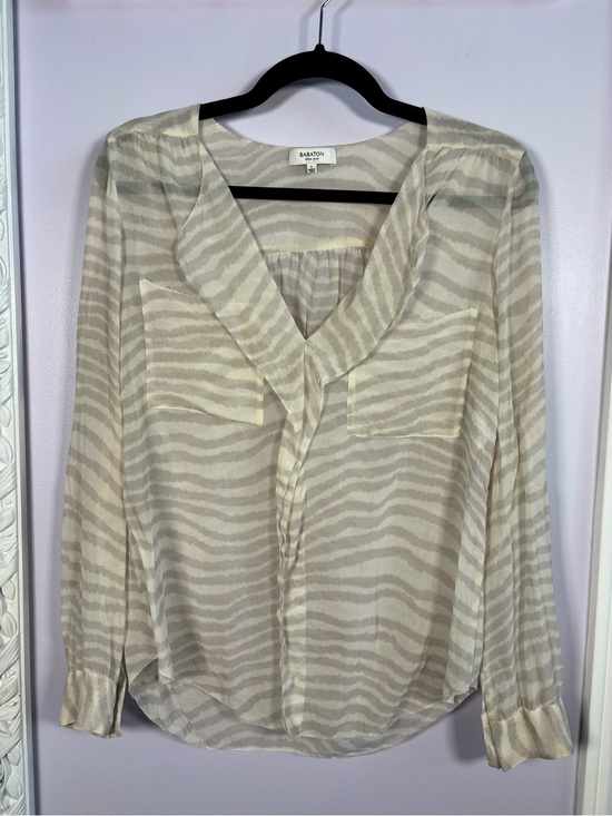 Babaton Tops - Babaton Aritzia Beige and Cream Zebra-Print Silk Chic V-Neck Blouse Size Small